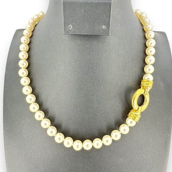One Strand Asymmetric Style Glass Pearl Womens Necklace Over Gold Plated - Picture 2 of 5